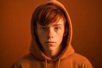 Medium shot portrait photography of a tender boy in his 20s wearing a comfortable hoodie against a copper brown background. With generative AI technology