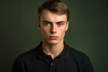 Close-up portrait photography of a glad boy in his 20s wearing a sporty polo shirt against a minimalist or empty room background. With generative AI technology