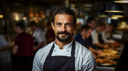 Fototapeta premium Chef at the kitchen. Chef standing confidently with his arms crossed looking at the camera with the team in the background. Generative AI