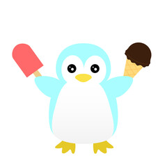 Penguin with ice cream in both hands.
Dual wielding icon. Summer heatstroke prevention concept.