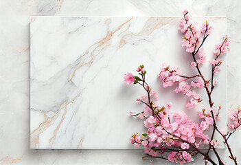 Blank marble surface with blooming pink spring sakura cherry tree branches. Generative ai