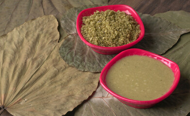 Coconut chutney in a bowl with raw coconut and green chilli ,Served with dosa, idli, vada
