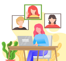 Video conference. Woman having a conference video call with her colleagues or friends, online communication concept. Illustration of communication screen conference, videoconferencing, online meeting