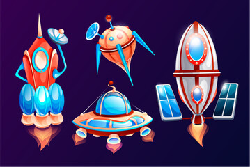 Space or cosmos icons for cartoon game. Rocket, satellite, spaceship, ufo icons at dark background. Set or collection space game elements. Space theme, galaxy concept. Colorful vector icons © Dmytro