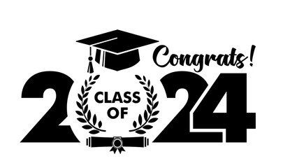 Graduate class template logo with diploma, laurel wreath and graduation cap. Vector on transparent background