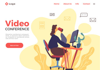 Landing page template with woman holding a video conference with colleagues or friends, online communication concept. Female sitting at the table with computer, drinking cofee, videoconferencing