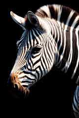 Fototapeta na wymiar A Close Up Of A Zebra On A Black Background