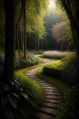 A Painting Of A Path Through A Lush Green Forest