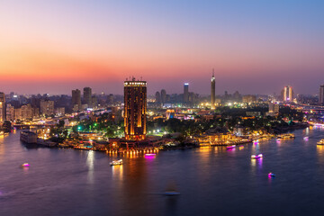 Cairo downtown, view of the Nile and the skyscrappers at night, Egypt