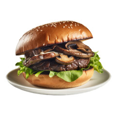 Grilled Portobello Mushroom Burger isolated on transparent background. Generative AI