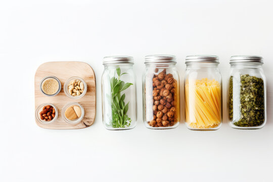 Various food in glass kitchen crisper jars, in front of white background