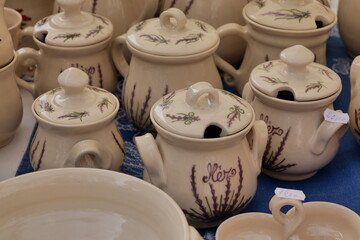 Beautiful colorful traditional ceramic crafted decoration items in the handicraft market.