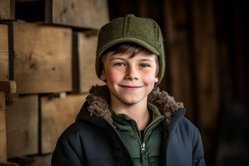 Studio portrait photography of a happy mature boy wearing a cool cap against a rustic barn background. With generative AI technology