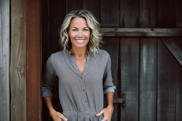 Fototapeta premium Urban fashion portrait photography of a grinning mature girl wearing a trendy jumpsuit against a rustic barn background. With generative AI technology