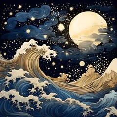 Starry night picture with sea wave in Japanese ink style, Generative AI