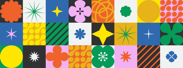 Simple geometric vector pattern with star shapes, flower shapes and abstract bauhaus forms. Geometric trendy composition for web design, poster, textile print, background
