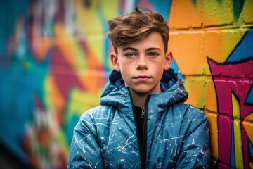 Obraz na płótnie Canvas Three-quarter studio portrait photography of a tender boy in his 30s wearing a lightweight windbreaker against a colorful graffiti wall background. With generative AI technology