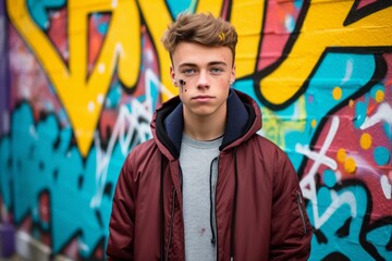 Three-quarter studio portrait photography of a tender boy in his 30s wearing a lightweight windbreaker against a colorful graffiti wall background. With generative AI technology