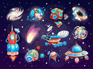 Cartoon space icons at dark cosmos background. Space elements with planets, rocket, cometa, meteorite, light splash,black hole, asteroid and satellite at galaxy background. Vector space icons