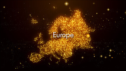 Abstract Golden Orange Glowing Shiny Blurry Focus Digital Dots Mosaic Europe Map And Label Text With Stars Particles © agratitudesign