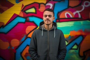 Lifestyle portrait photography of a glad boy in his 30s wearing a comfortable hoodie against a colorful graffiti wall background. With generative AI technology