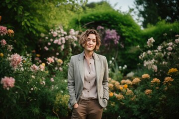 Naklejka na ściany i meble Eclectic portrait photography of a glad girl in her 30s wearing a classic blazer against a lush garden background. With generative AI technology