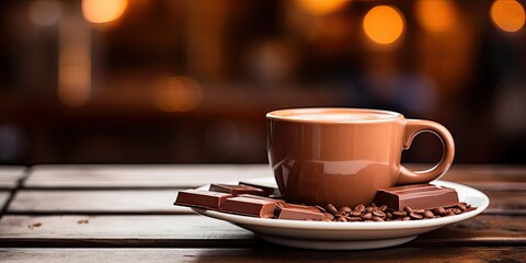 Obraz premium White cup of hot chocolate on blurred cafe background on vintage wooden Table