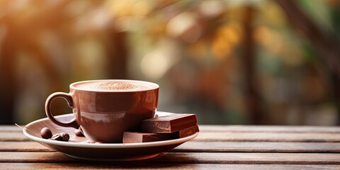 Obraz premium White cup of hot chocolate on blurred cafe background on vintage wooden Table