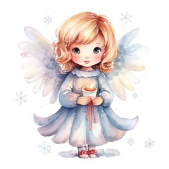 Drawing of a little girl with angel wings in watercolor
