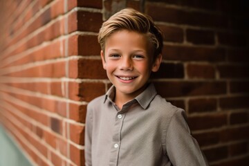 Lifestyle portrait photography of a grinning kid male wearing an elegant long-sleeve shirt against a brick wall background. With generative AI technology