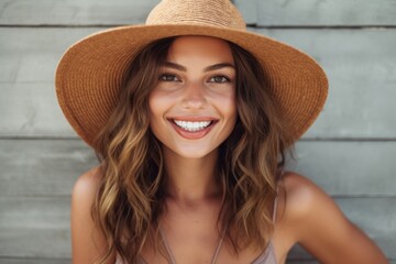 Lifestyle portrait photography of a satisfied girl in her 30s wearing a trendy bikini and straw hat against a brick wall background. With generative AI technology