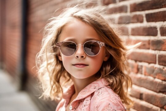 Environmental portrait photography of a tender kid female wearing a trendy sunglasses against a brick wall background. With generative AI technology