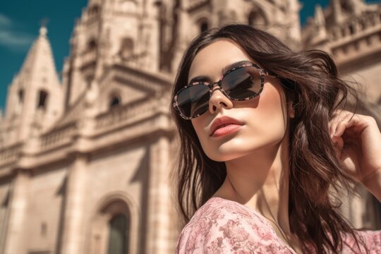 Editorial portrait photography of a tender girl in her 30s wearing a trendy sunglasses against a historical monument background. With generative AI technology