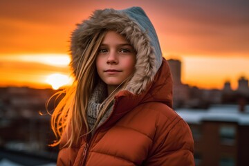 Fototapeta premium Urban fashion portrait photography of a satisfied kid female wearing a cozy winter coat against a vibrant sunset background. With generative AI technology