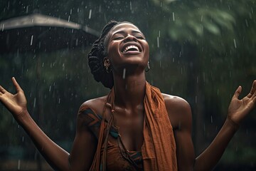 Woman celebrating life raising arms under the rain. AI generative