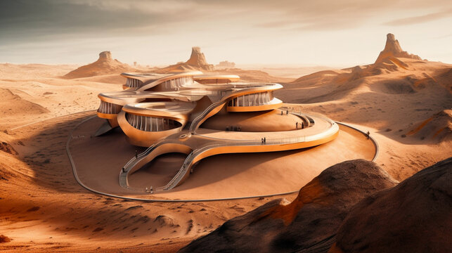 Mars dunes. Houses on Mars, vision of settlement on other planets.
