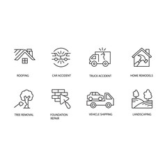 set of icons, Roofing, car accident, truck accident, home remodels, landscaping, tree removal, foundation repair, vehicle shipping.