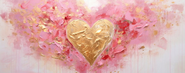 Pink and gold heart, with attractive warm color and feel. Gold heart in a big pink heart. Like , love, thank you concept abstract background. Hand edited generative AI.  