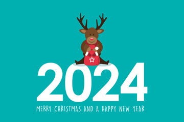 cute deer sitting on 2024 typography christmas greeting card vector illustration EPS10