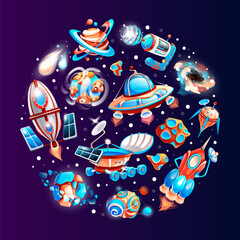 Space game elements. Outer space objects symbols and design elements spaceships, planets, meteorites. Cartoon fantasy cosmic characters set. Space objects for game design. Vector space illustration