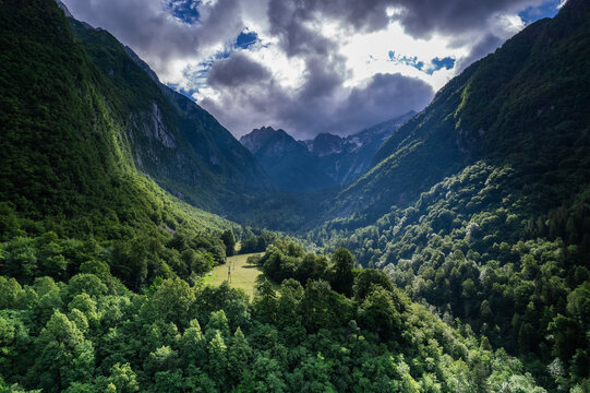 Alpine landscape with green forest in Predil Pass, Italy. Aerial drone view