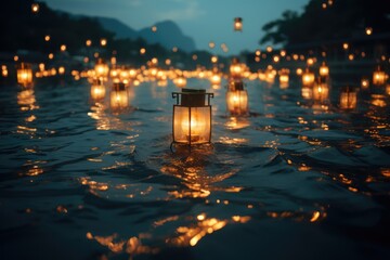 Lanterns Floating on Water for Obon Festival - Japanese Tradition