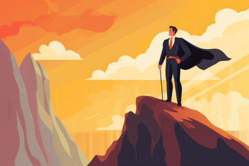 business man hero with cape stand on a cliff illustration Generative AI
