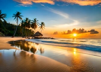 Fototapeta na wymiar Sunset on the beach, golden hues kiss the waves, a tranquil horizon bids the day adieu