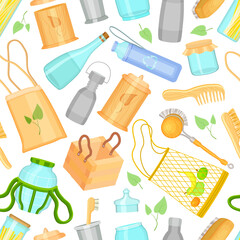 Eco friendly poster with everyday goods, eco bag, no plastic, wooden comb, brush, glass bank, bottle. Save nature from plastic. Icons for website, apps, at white background. Eco pattern, zero waste