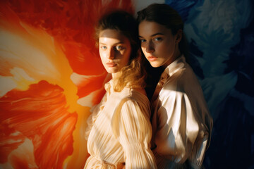 portrait of women/models/book characters in daylight scene for lgbtq + awareness embracing in a fashion/beauty editorial magazine style film photography look  - generative ai art