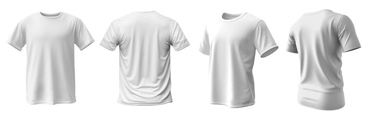 Set of white tee t shirt round neck front, back and side view on transparent background cutout, PNG file. Mockup template for artwork graphic design. 3D rendering

 - obrazy, fototapety, plakaty