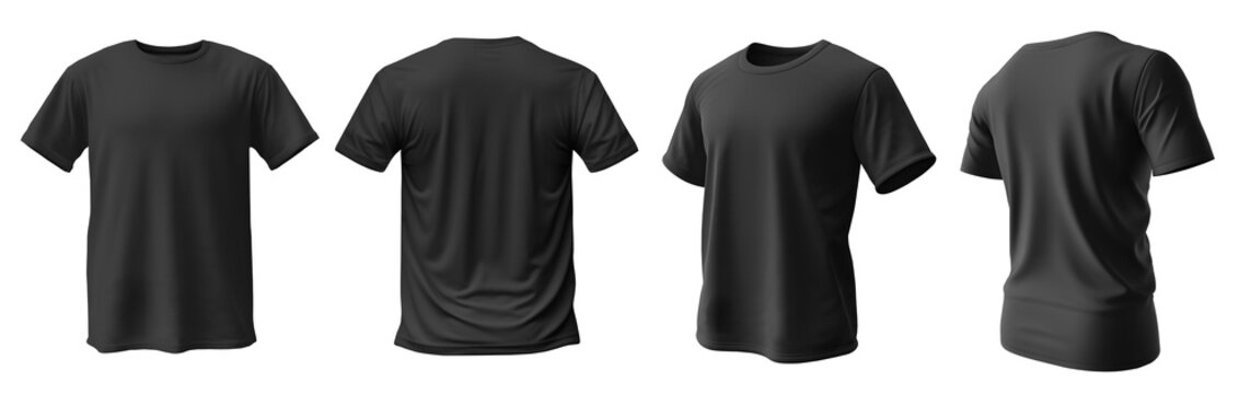 Set Of Black Tee T Shirt Round Neck Front, Back And Side View On Transparent Background Cutout, PNG File. Mockup Template For Artwork Graphic Design. 3D Rendering

