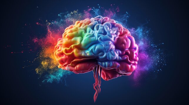 Human brain with multicolored twists close-up on black background. Bright pulses and splashes around the brain. creative brain work. Symbolism of talented person in creative thinking, ai generative