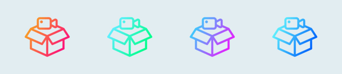 Unboxing video line icon in gradient colors. Review signs vector illustration.